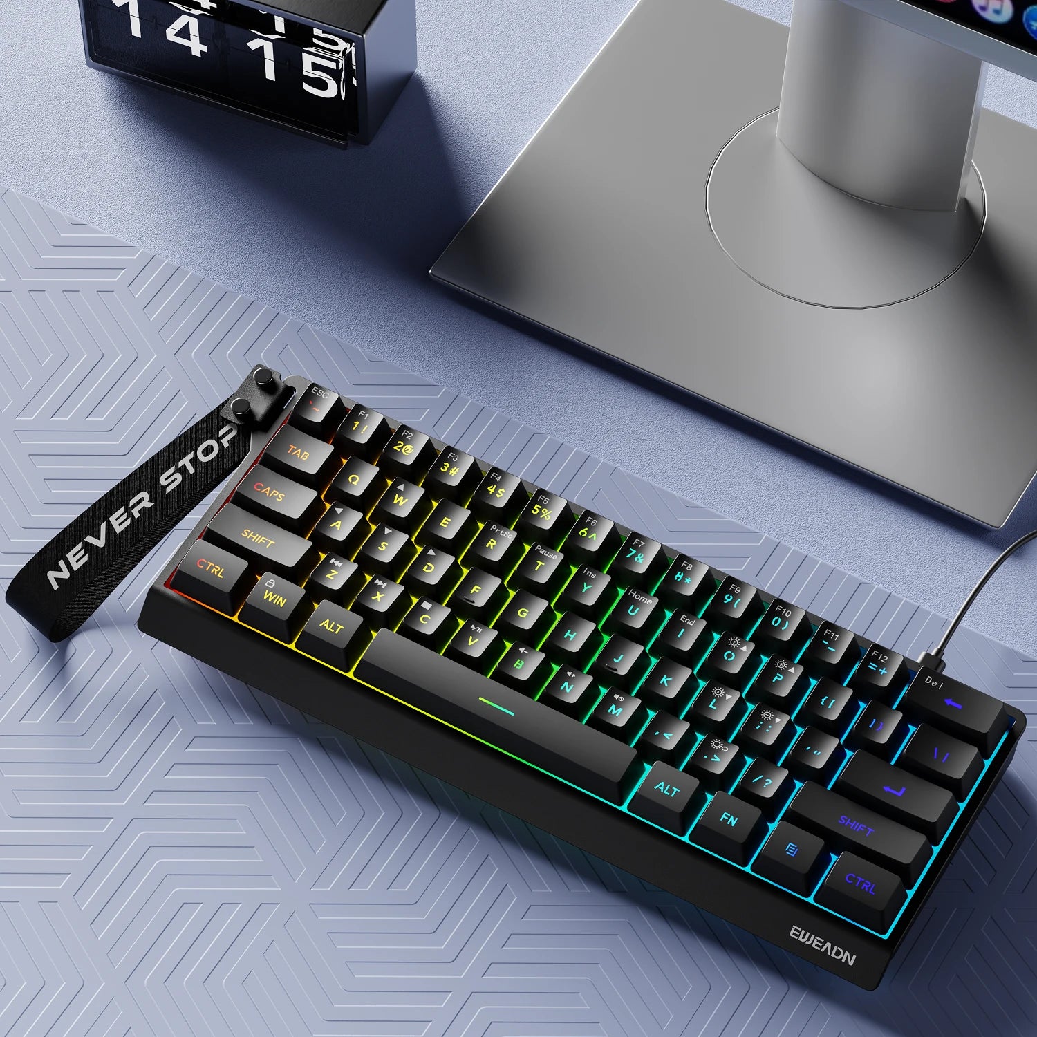 EWEADN Mini Keyboard 61-Key Layout Gaming, Wired Type-C, Silent RGB Backlit Aesthetic Design, Lightweight, White and Black