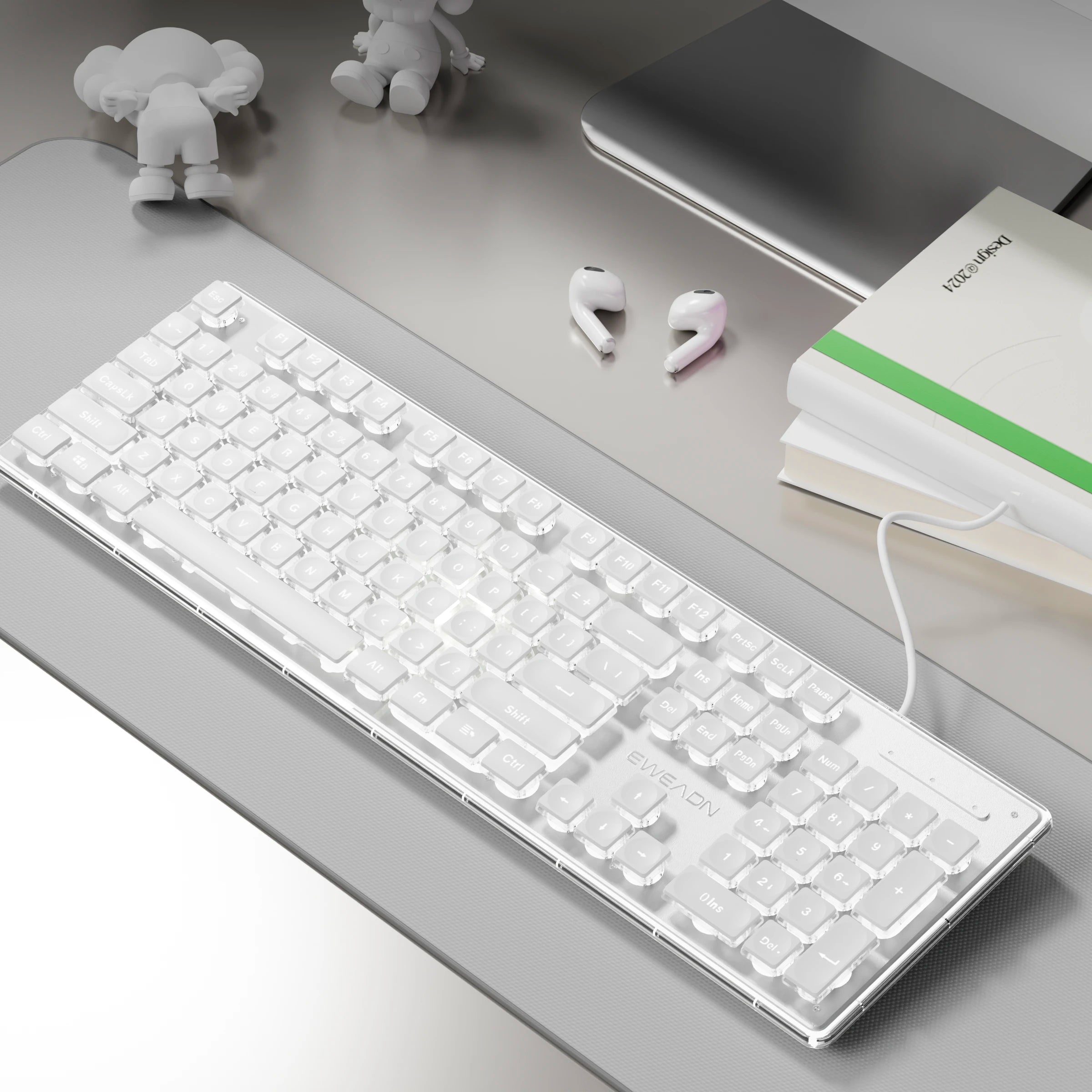 EWEADN wired Office silent Keyboard White backlit,USB full size 104-keycaps All-Metal Panel, ergonomic, gaming Windows/Laptop/PC