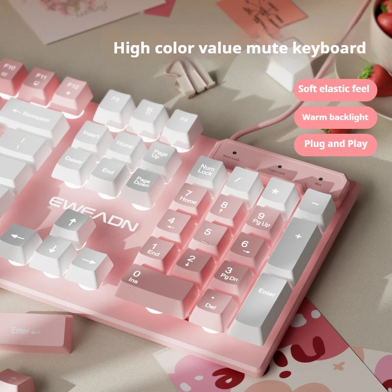 EWEADN GX320Z Pink Silent Office Keyboard, USB Wired Quiet Typing for Windows PC/Laptop,Office & Gaming, Ergonomic, Comfortable